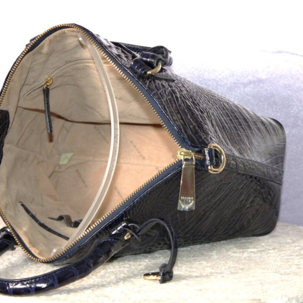 Brahmin Croc Embossed Leather Satchel Navy Melbourne Dome Bag w/ Strap & Dust Ba - Picture 11 of 16